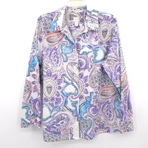 Chicos No Iron Paisley Button Down Shirt Purple Blue 100% Cotton Size 3 XL